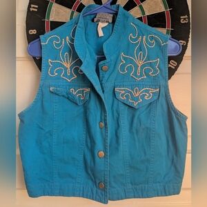 Turquoise Denim Vest with Western Embroidery